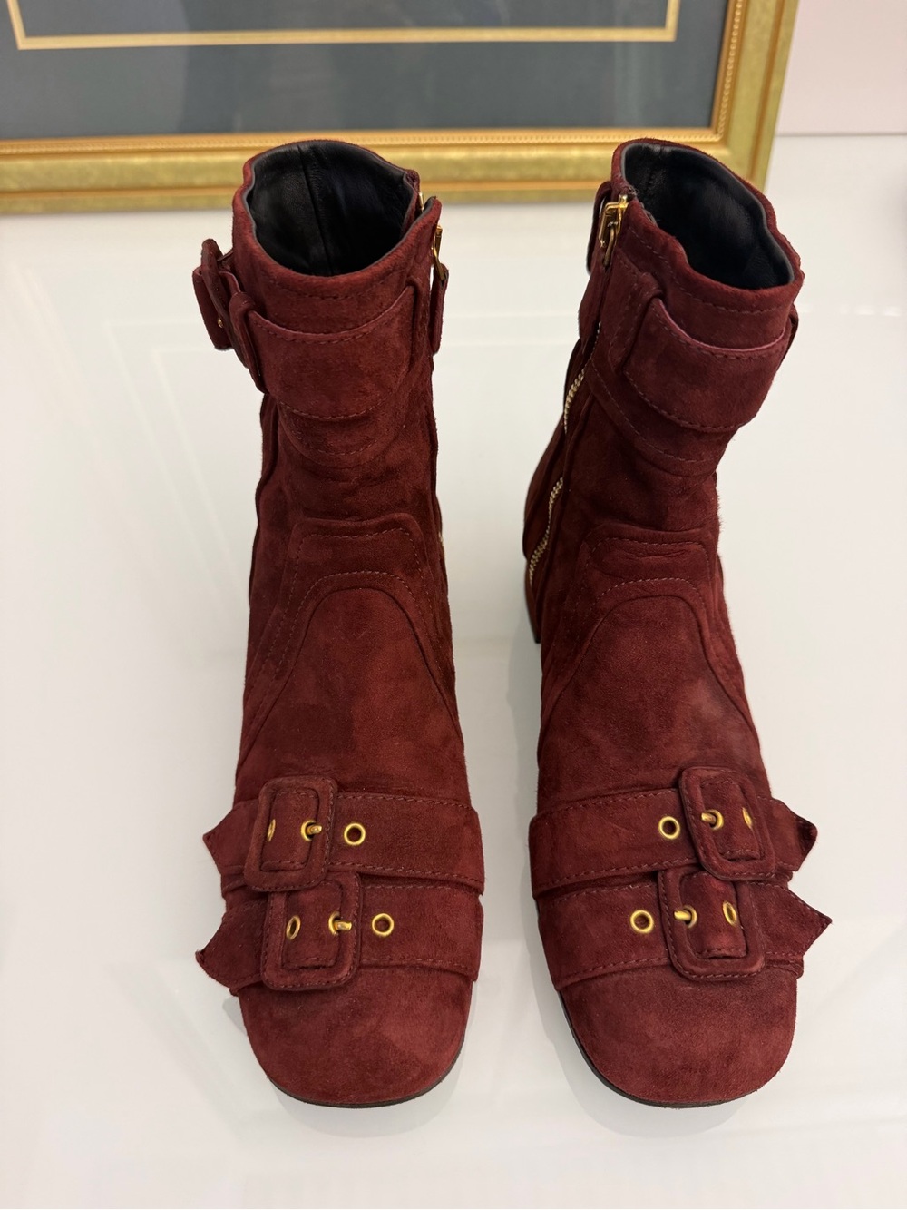 Prada Burgundy Suede Buckled Ankle Boots